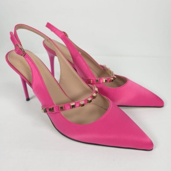 Meilygrss Shoes - NWOB‎ MEILYGRSS High Quality HANDMADE Metallic Rivets Satin Heels Sandals 9.5